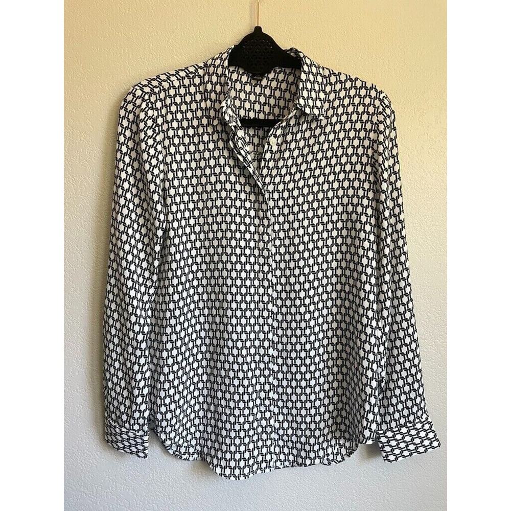 Ann Taylor Factory Blouse XS Black White Geometric Long Sleeve Career